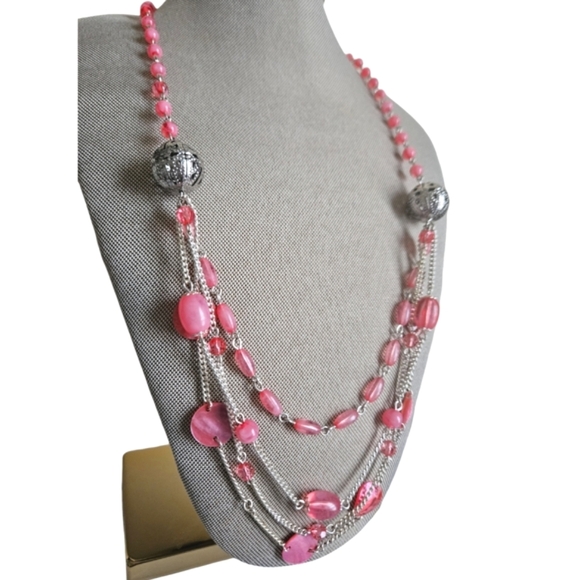 NWT 2 Piece Pink Beaded Multilayered 30" Necklace + Earrings Fashion Jewelry NEW - Picture 4 of 8